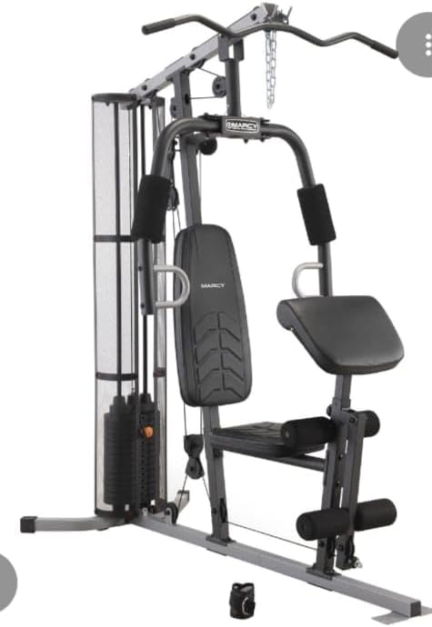 Marcy Home Gym Workout Station with Curl Pad, Lat Pulldown, Leg Developer & Weights, White