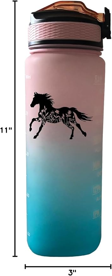 Floral Horse 32 oz Water Bottle with Times Marker to Drink and Straw, Carrying Strap, Leakproof BPA-Free, Ensure You Drink Enough Water for Fitness, Gym, Camping, Outdoor Sports