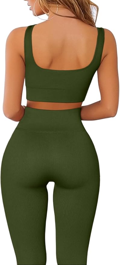 FAFOFA Ribbed Workout Outfits for Women 2 Piece Seamless Sport Bra High Waist Yoga Leggings Sets