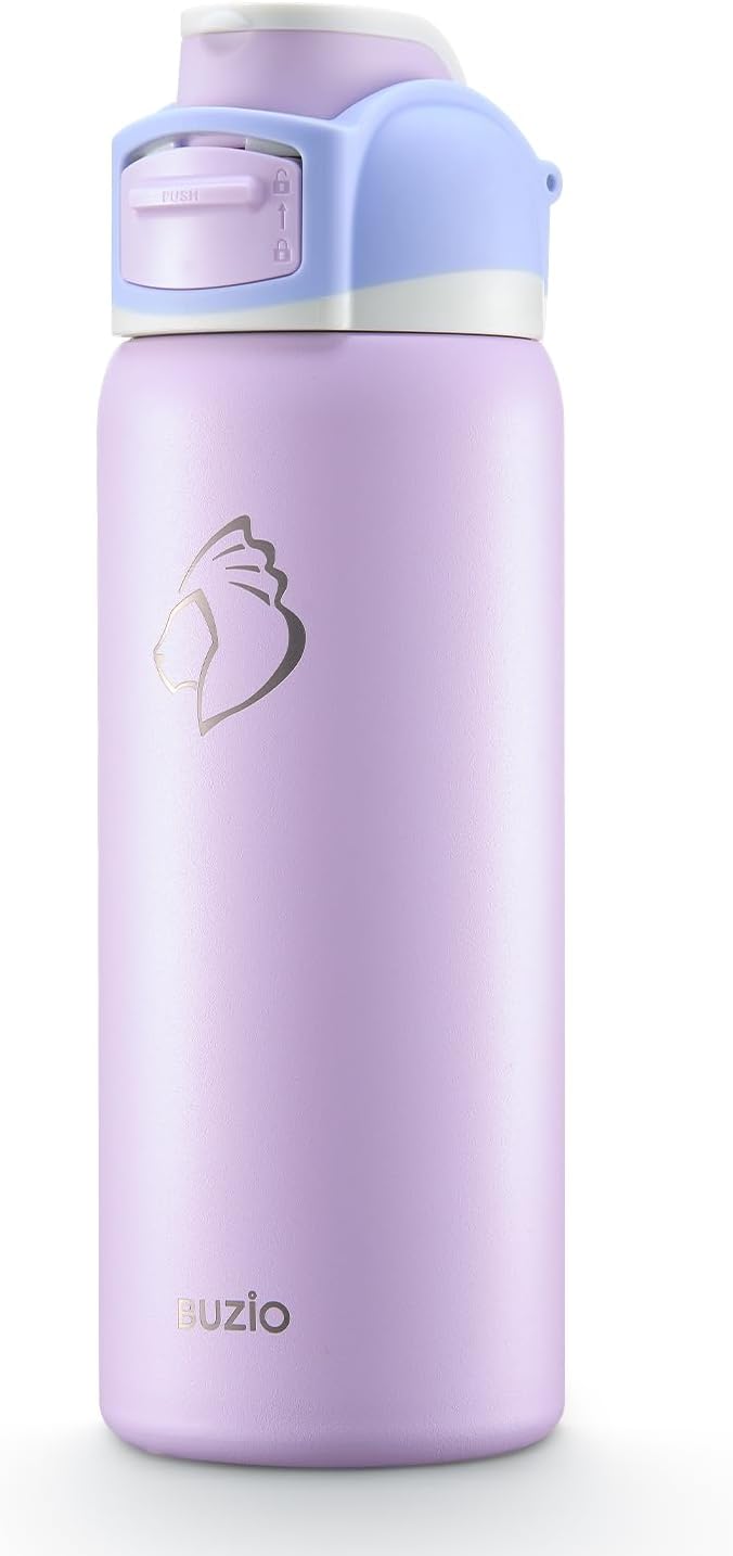 BUZIO 32 oz Insulated Water Bottle - Stainless Steel with Chug Cap, Leakproof Locking Lid, Carry Loop, Wide Mouth, Dishwasher Safe, Gym Sports Travel Work Outdoors, Gifts for Women & Men, Light Purple