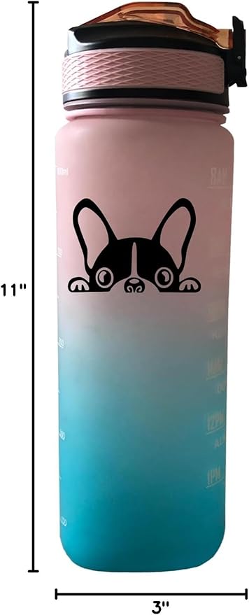 Boston Terrier 32 oz Water Bottle with Times Marker to Drink and Straw, Carrying Strap, Leakproof BPA-Free, Ensure You Drink Enough Water for Fitness Gym Camping Outdoor Sports