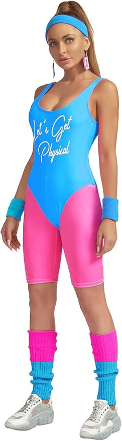MIAIULIA Womens 80s Workout Costume Outfit 80s Accessories Set Leotard Neon Legging Headband Wristbands Set