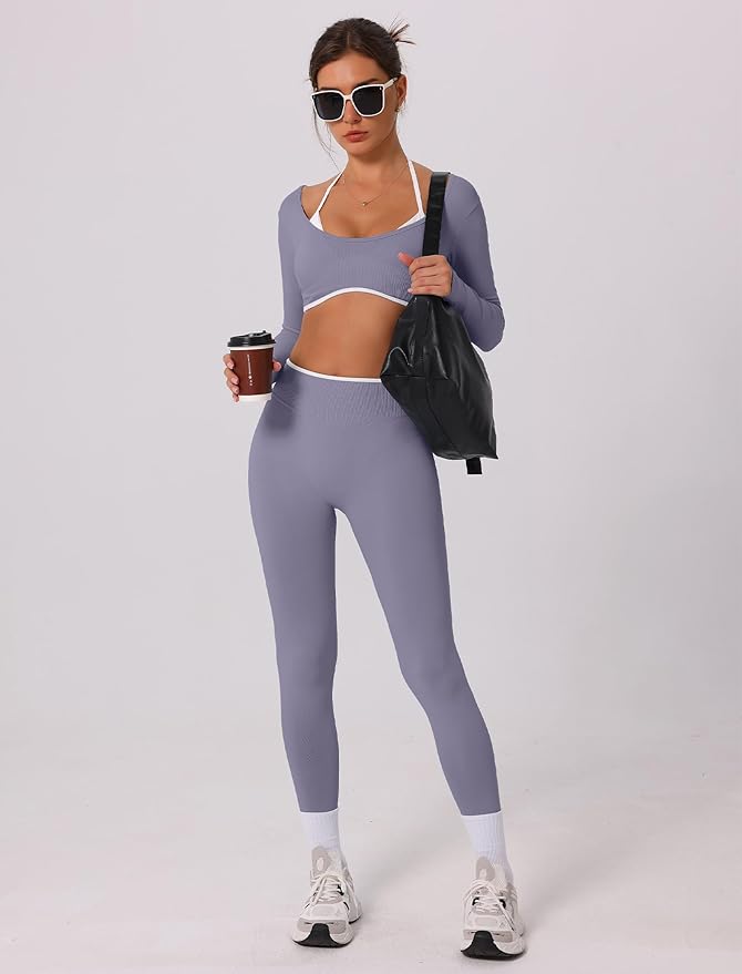ABOCIW Workout Sets for Women Long Sleeve Crop Top Scrunch Butt Lifting High Waist Leggings 2 Piece Gym Yoga Outfits