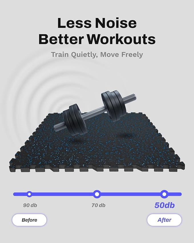 AIRHOP 0.56in Thick 48 Sq Ft Exercise Equipment Mats, 12 Tiles Upgraded Rubber Top with High Density EVA Foam, Large Interlocking Puzzle Gym Flooring for Home Gym, Heavy Weight Workout,Black & Blue