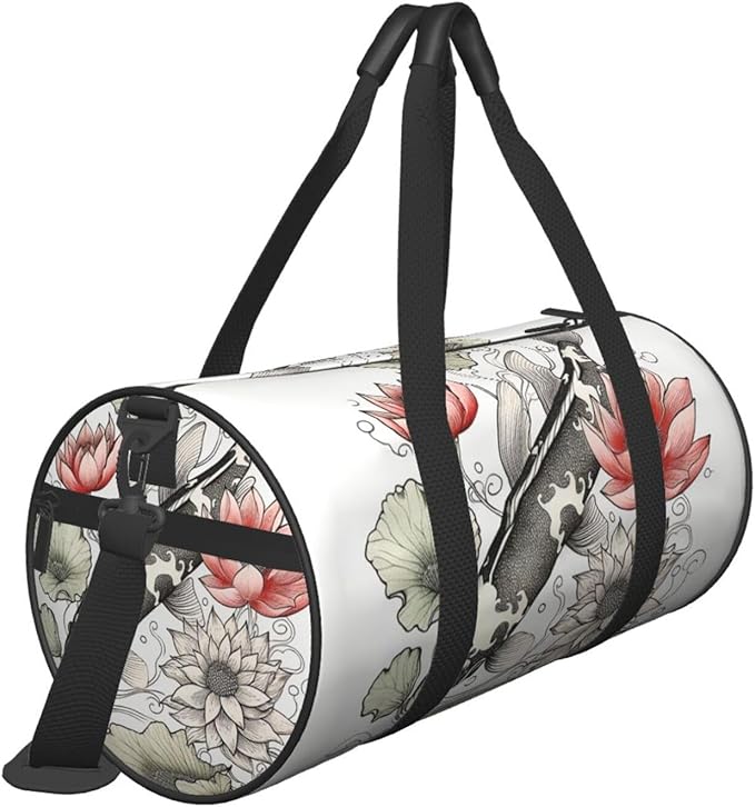 Sports Gym Bag for Women Men Travel Duffel Bag Tote Weekender Bag Carry on Overnight Bag for Travel Swimming Fitness Workout Sports Fish Japanese Carp Lotus Leaves Flower Duffle Bag