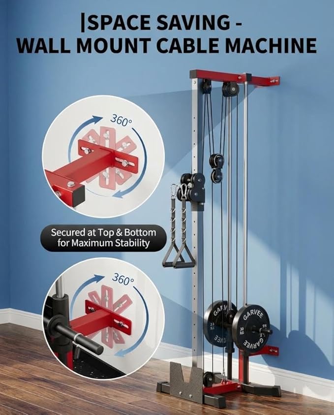 Wall Mount Cable Machine, Dual Pulley Cable Crossover & LAT Pulldown System for Home Gym with 19 Adjustable Positions, Tricep Rope, LAT Bar & Footboard, Space-Saving Garage Fitness Equipment