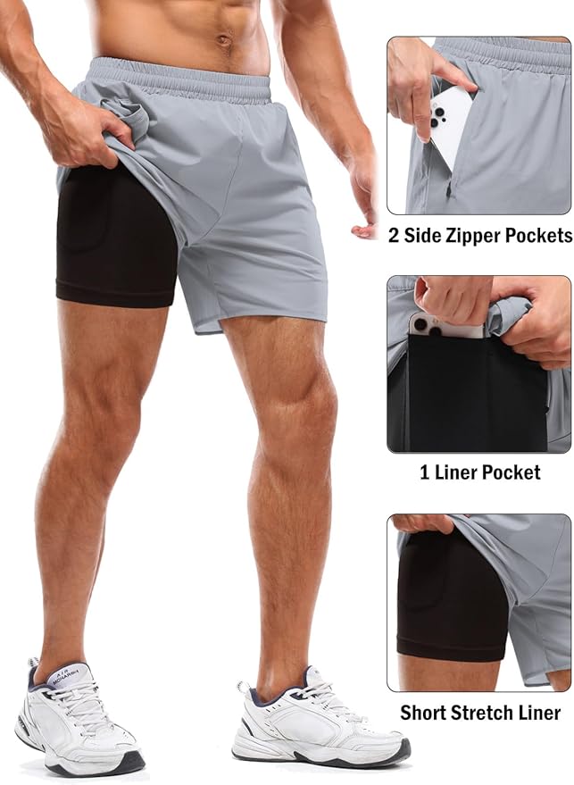 Aolesy Men's 2 in 1 Running Shorts 5" Workout Gym Athletic Shorts for Men Quick Dry Lightweight Training Shorts with Pockets