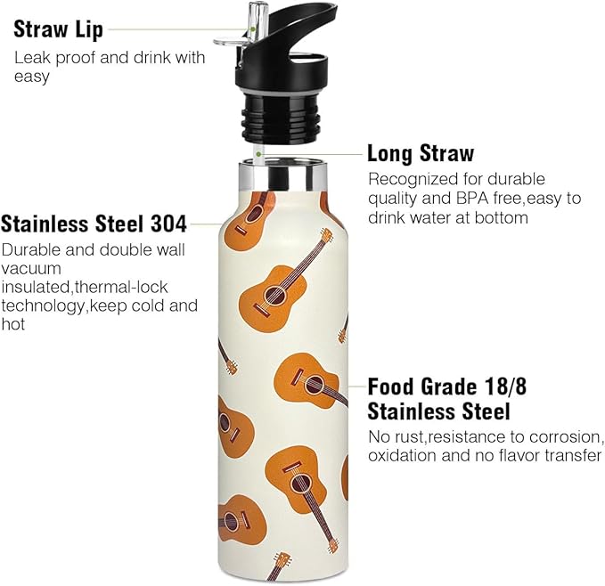 Music Guitar Sport Water Bottle with Straw, Vacuum Insulated Stainless Steel Thermal Drinking Travel Mug Cups For Gym Fitness Camping-20oz/600ml
