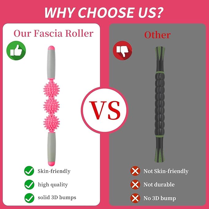 Cellulite Massager, Fascia Blaster for Cellulite, Muscle Roller Stick Lymphatic Drainage Massager for Relif Body Sorness, Trigger Points, Sports Legs, Back Recovery, Rose Red