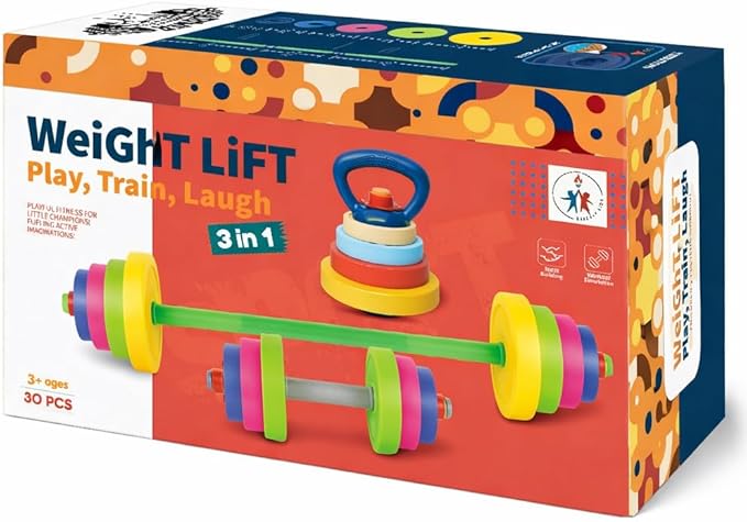 Kids Exercise Weight Set - 3-in-1 Adjustable Workout Toy Equipment for Children Pretend Play Exercise - Toddler Beginner Gym, Fitness, Weightlifting and Powerlifting (Dumbbell, Barbell, Kettlebell)