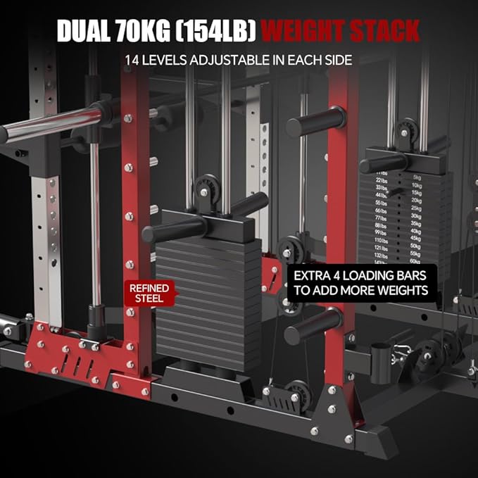 FAGUS Commercial Smithe Machine with Dual Weight Stacks, Power Cage Squat Rack with Lever Arm & Leg Press Attachment, Multi-Function Linear Bearing Cable Crossover Machine for Home Gym