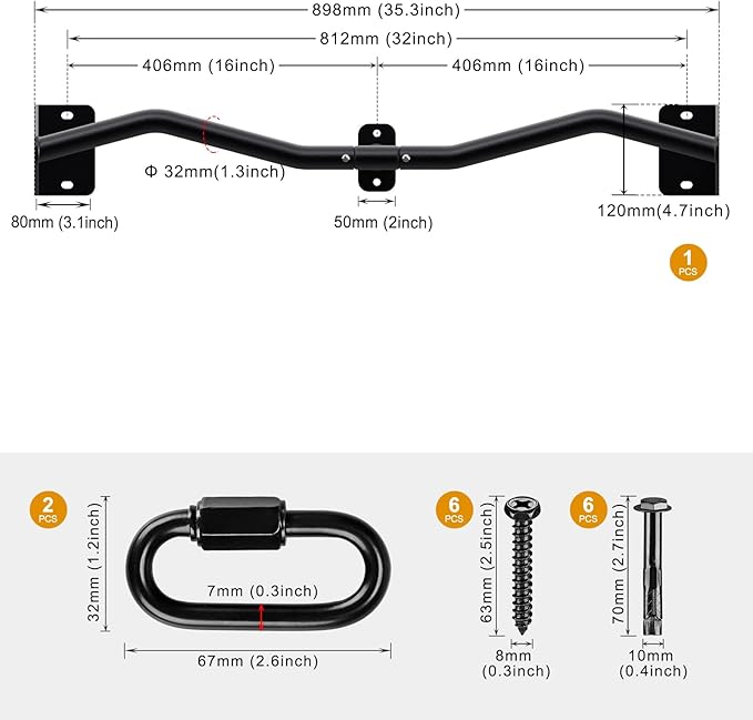 Kipika Wall Mounted Pull Up Bar - Heavy Duty 450 LB Capacity Doorway Chin Up Bar for Home Gym, Sturdy Steel Construction with Resistance Band Hooks | Hanging Exercise Bar for Full Body Workout