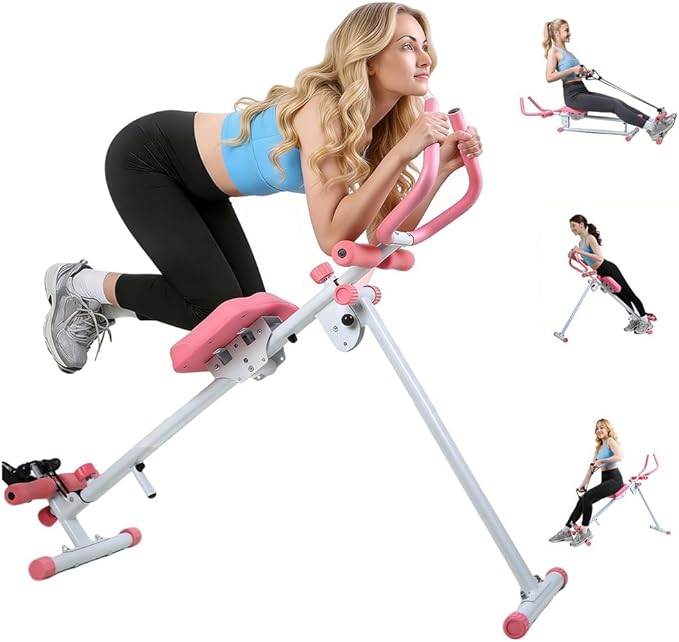 Amacthysh Ab Machine for Home Gym,5-in-1 Foldable Rowing Machine with Resistance Bands,Roman Chair & Leg Press,Adjustable Handrails,Full Body Workout Equipment with 7 Length Levels,Max 264 Lbs,Pink