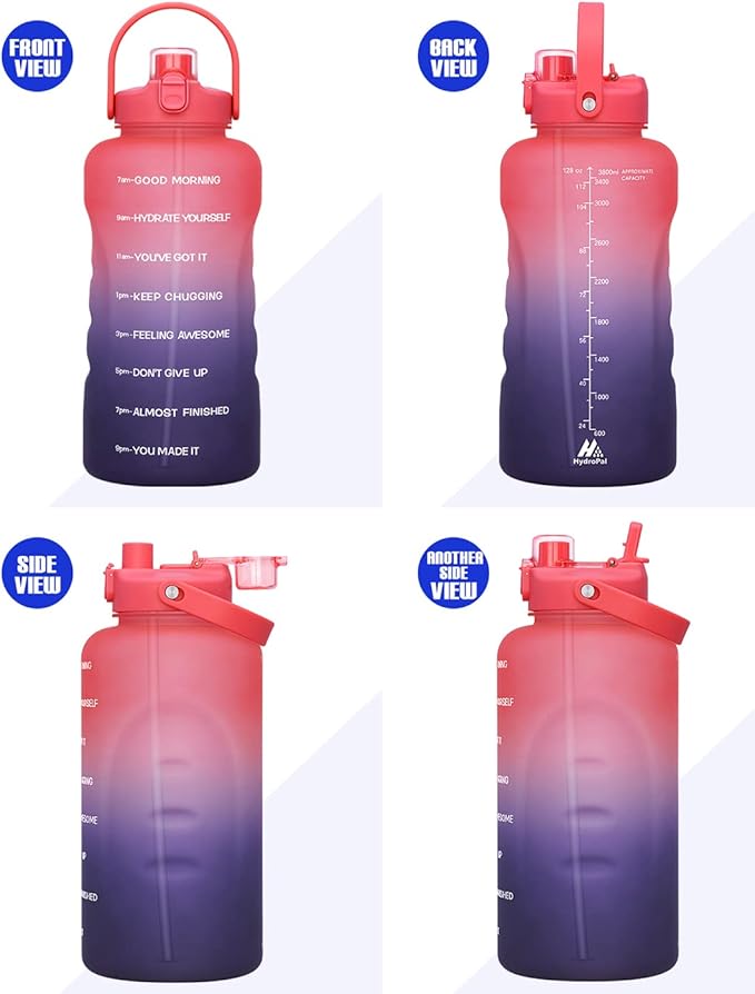 HydroPal 1 Gallon Water Bottles with Straw, 128 oz Water Bottle BPA Free Innovative 2-IN-1 Lid Gym Bottle with Times to Drink Motivational, Large for Sports Fitness Camping Water Jug (13.8X5.5 inch)