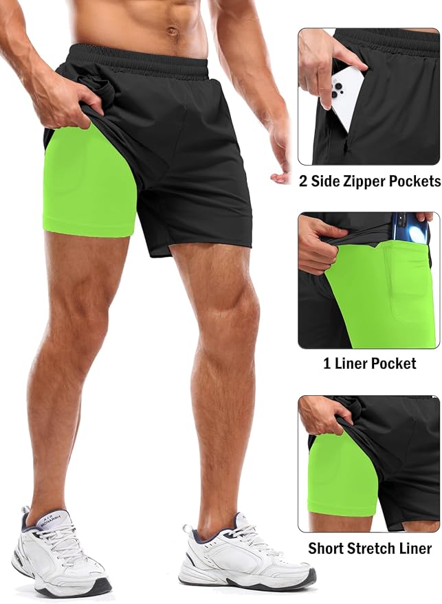 Aolesy Men's 2 in 1 Running Shorts 5" Workout Gym Athletic Shorts for Men Quick Dry Lightweight Training Shorts with Pockets