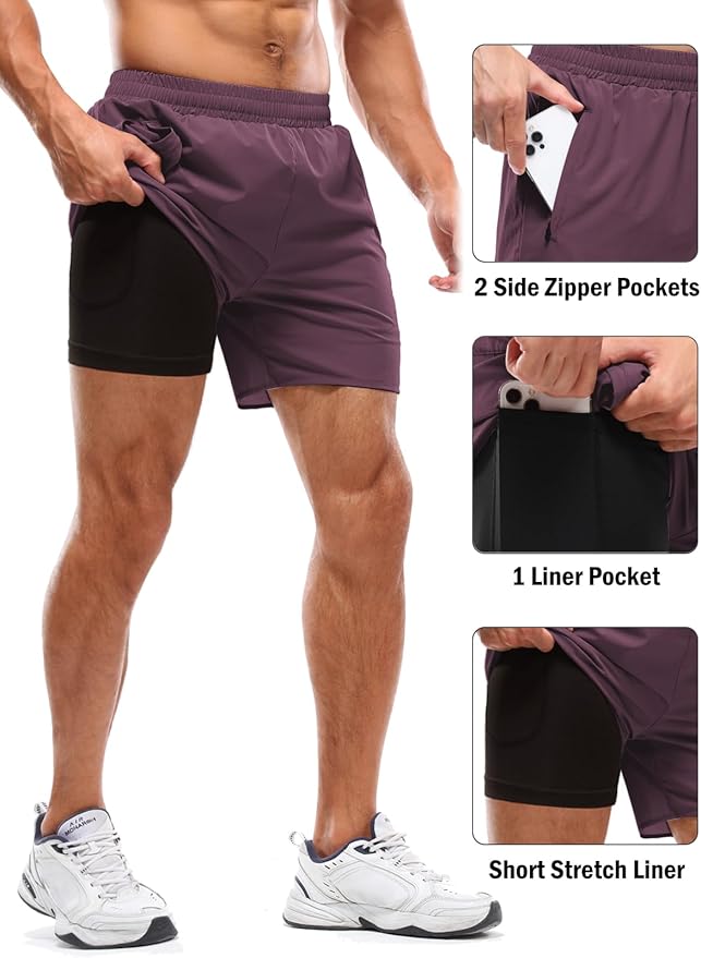 Aolesy Men's 2 in 1 Running Shorts 5" Workout Gym Athletic Shorts for Men Quick Dry Lightweight Training Shorts with Pockets