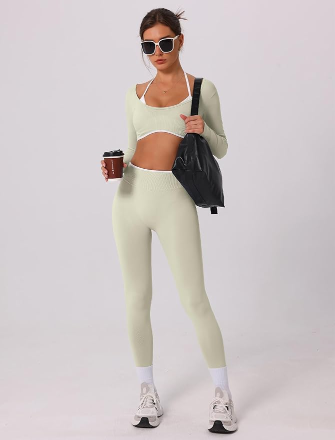 ABOCIW Workout Sets for Women Long Sleeve Crop Top Scrunch Butt Lifting High Waist Leggings 2 Piece Gym Yoga Outfits