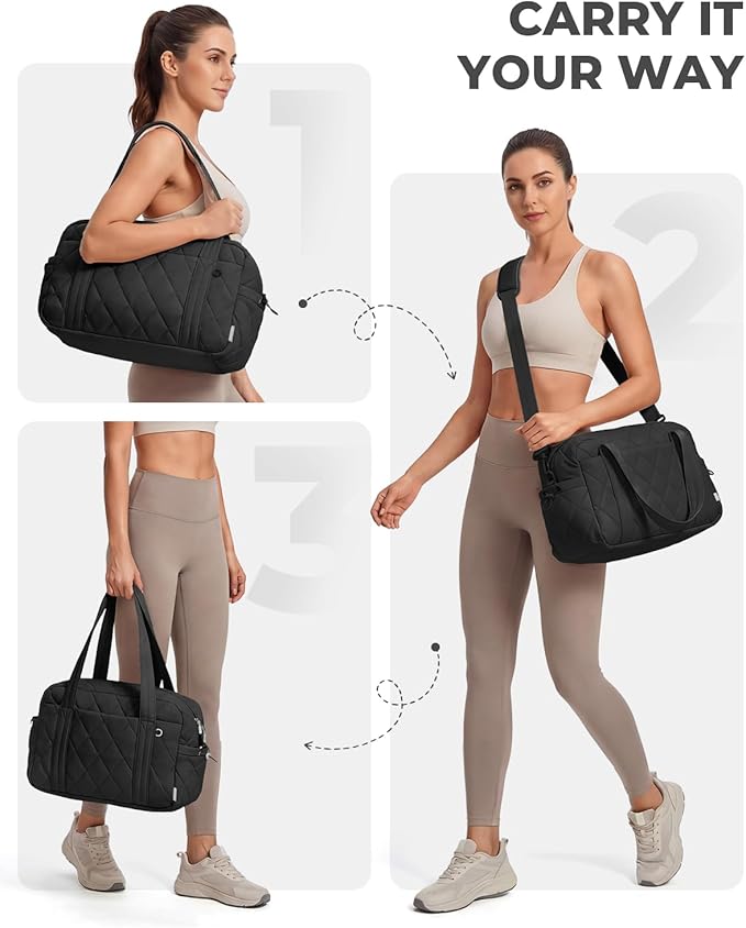 Percover Women Gym Bag with Toiletry Organizer Pouch, Quilted Workout Duffle with Compartments for Daily Fitness & Yoga, Locker-Friendly Soft Carry, Midnight Black