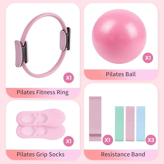 Pilates Essential Kit - Portable Fitness Equipment - with Toning Pilates Ring & Long Resistance Bands & Pilates Loop Bands & Soft Pilates Ball & Pilates Grip Socks