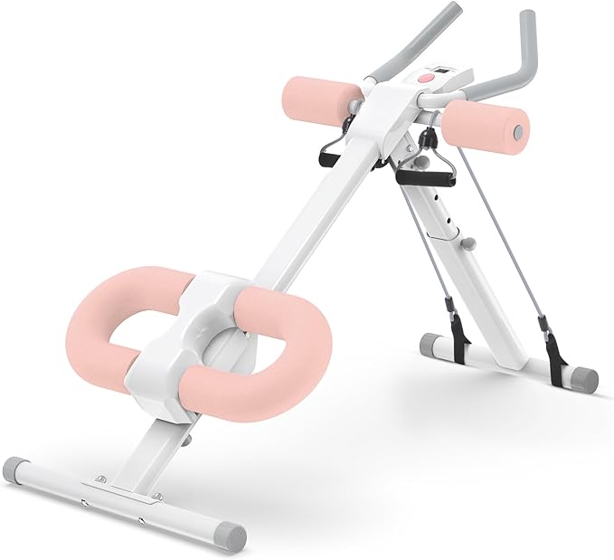 WARMOUNTS Ab Machine, Ab Workout Equipment, Adjustable Core & Ab Trainer Machine with Resistance Bands for Home Gym, Foldable, Knee Protection, Abdominal Exercise Equipment for Stomach Workout (Pink)