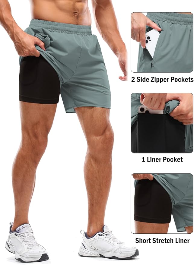 Aolesy Men's 2 in 1 Running Shorts 5" Workout Gym Athletic Shorts for Men Quick Dry Lightweight Training Shorts with Pockets