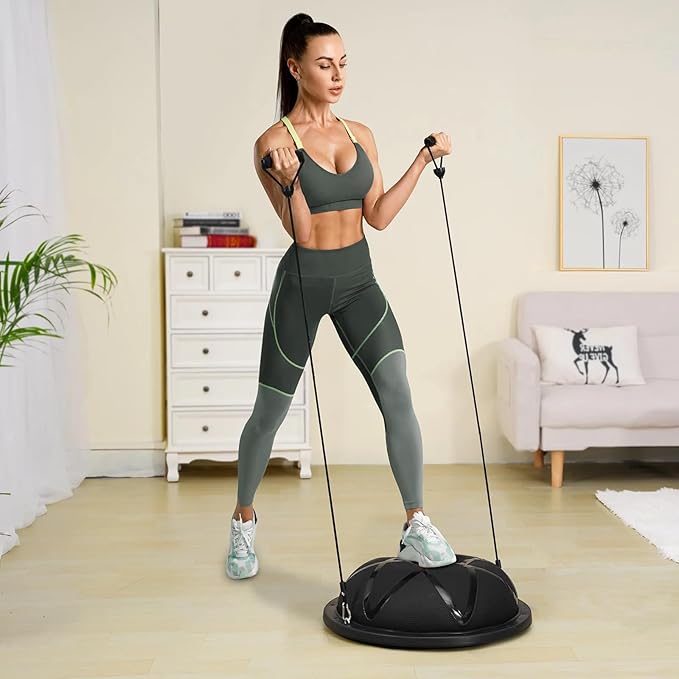 Half Exercise Ball Trainer 23 inch Balance Ball Trainer 1500lbs Capacity Stability Ball with Resistance Bands & Foot Pump, Strength Fitness Ball for Home Gym Full Body Workout