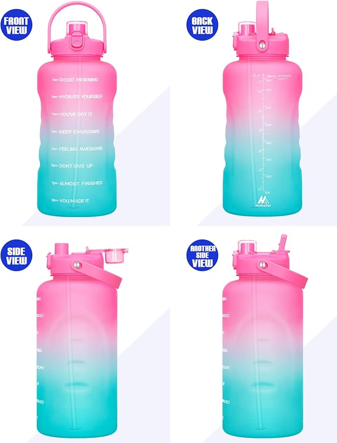 HydroPal 1 Gallon Water Bottles with Straw, 128 oz Water Bottle BPA Free Innovative 2-IN-1 Lid Gym Bottle with Times to Drink Motivational, Large for Sports Fitness Camping Water Jug (13.8X5.5 inch)