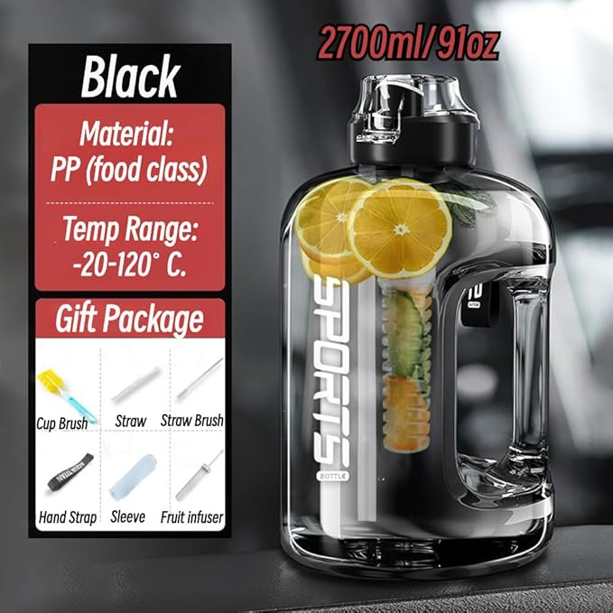 Gym Water Bottle with Straw and Time Marker (74oz-135oz) for Work, Hiking, Gym Large Capacity for Men and Women (Black(PP+6 gifts), 91oz/2700ml)