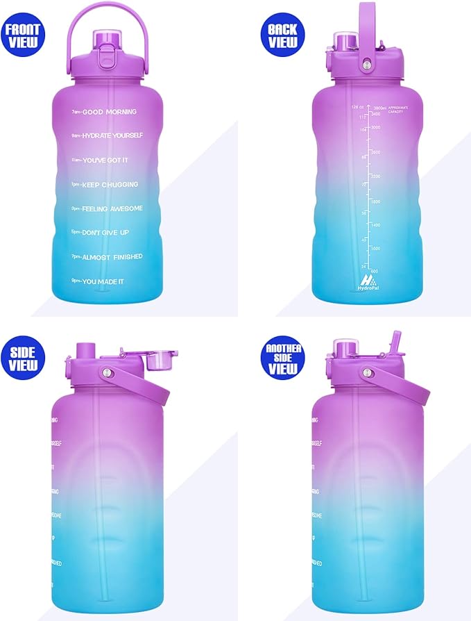 HydroPal 1 Gallon Water Bottles with Straw, 128 oz Water Bottle BPA Free Innovative 2-IN-1 Lid Gym Bottle with Times to Drink Motivational, Large for Sports Fitness Camping Water Jug (13.8X5.5 inch)