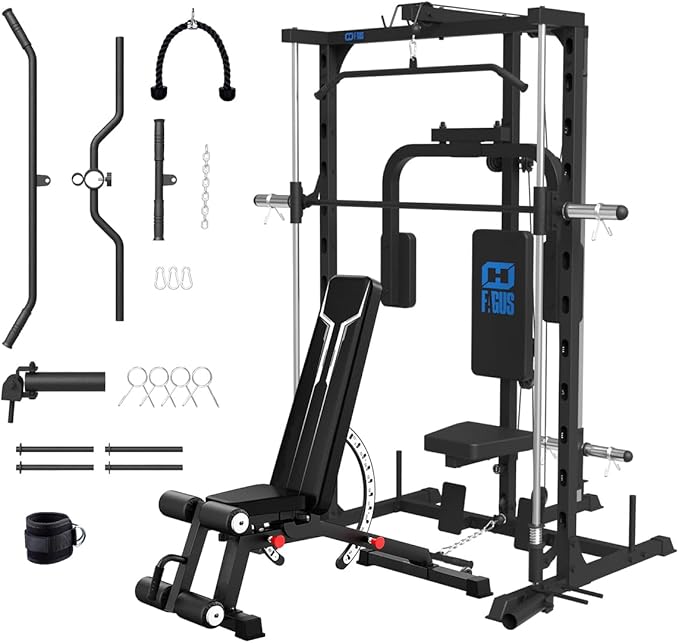 FAGUS Smith Machine Home Gym Power Cage with Pulley System, Space Saving Design Squat Rack with Full Body Strength Training Attachments, PEC Station & Fixed Cable Crossover Optional