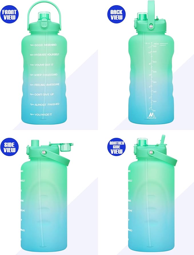 HydroPal 1 Gallon Water Bottles with Straw, 128 oz Water Bottle BPA Free Innovative 2-IN-1 Lid Gym Bottle with Times to Drink Motivational, Large for Sports Fitness Camping Water Jug (13.8X5.5 inch)