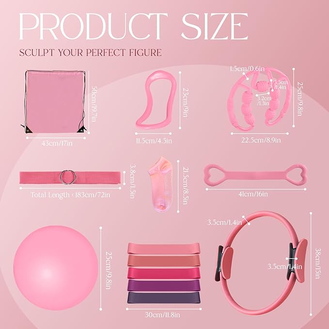 Pilates Kit 14PCS for Women, Pilates Equipment with Pilates Ring Set, Home Pilates Workout Kit, Mini Exercise Ball, Loop Resistance Bands, Stretch Strap, Massage Roller, Grip Socks