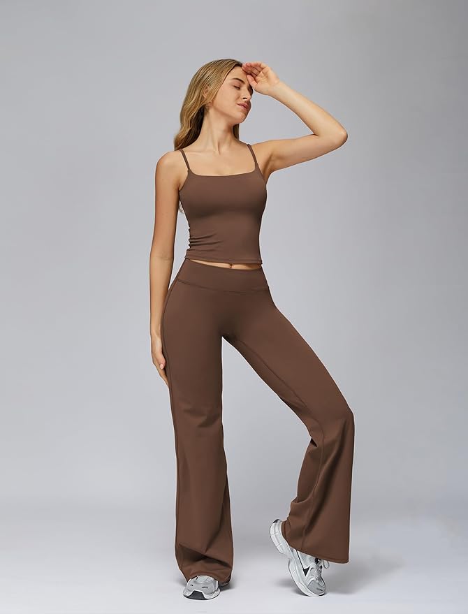 Womens Workout Sets Two Piece Spaghetti Straps Crop Top Matching Straight Leg Pants Gym Work Pilates Outfits