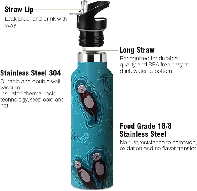 Sea Otter Sport Water Bottle with Straw, Vacuum Insulated Stainless Steel Drinking Travel Mug Cups For Gym Fitness Camping-20oz/600ml