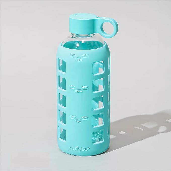 purifyou 40oz / 32oz / 22oz / 12oz Borosilicate Glass Water Bottle with Time & Volume Markers, Silicone Sleeve, Stainless Steel Lid | Reusable Glass Bottle for Water & Juice (22oz Aqua Blue)