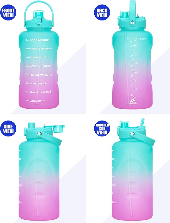 HydroPal 1 Gallon Water Bottles with Straw, 128 oz Water Bottle BPA Free Innovative 2-IN-1 Lid Gym Bottle with Times to Drink Motivational, Large for Sports Fitness Camping Water Jug (13.8X5.5 inch)