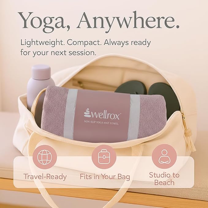 Wellrox Microfiber Yoga Mat Towel with Grip β Ultra Absorbent, Super Soft, and Quick Dry Hot Yoga Towel Non Slip for Pilates, Bikram, and Fitness Workouts (74β x 26β, Rose)