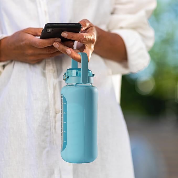 SIEROZUR 64 oz Glass Water Bottle with Straw and Handle Lid Half Gallon Motivational Glass Bottle with Silicone Sleeve and Time Marker Large Reusable Sports Water Jug for Gym Home Workout