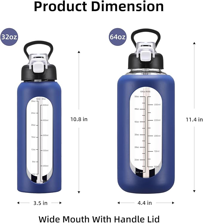 32 oz Glass Water Bolttles with Straw Large Motivational Water Bottle with Time Marker Sports Water Bottles with Silicone Sleeve and Handle Lid Water Jug for Gym Workout