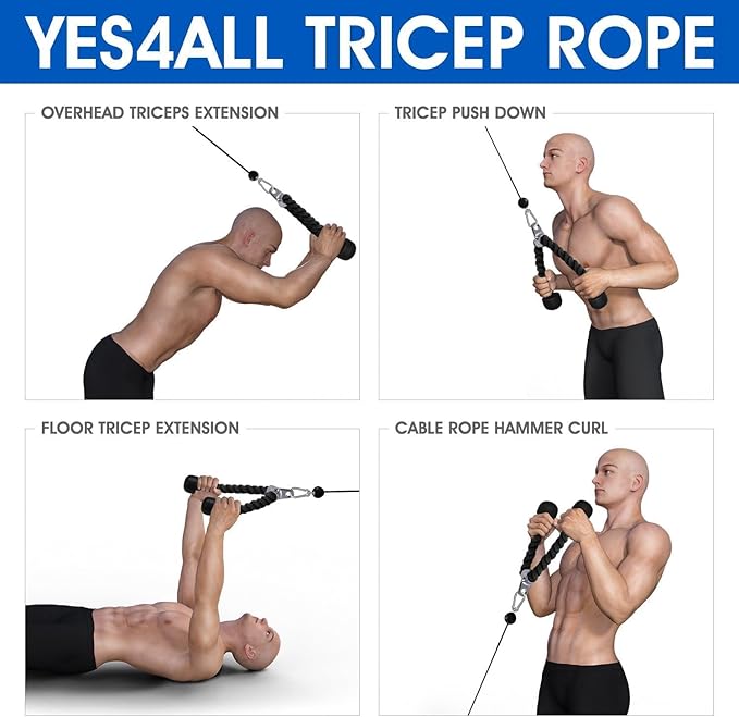 Yes4All Cable Machine Attachment, Row Handles, Tricep Rope, Straight Bar, V Bar, LAT Pulldown Accessories Load 880 LB for Home Gym