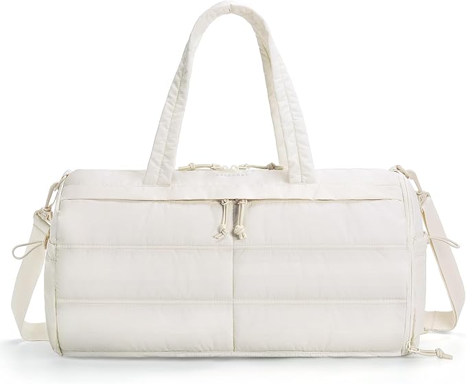 BAGSMART Puffer Gym Bag for Women, Lightweight Duffel Bag with Shoe Compartment, Weekender Bags with Wet Pocket, Workout Overnight Carry on Bag for Travel, Beige