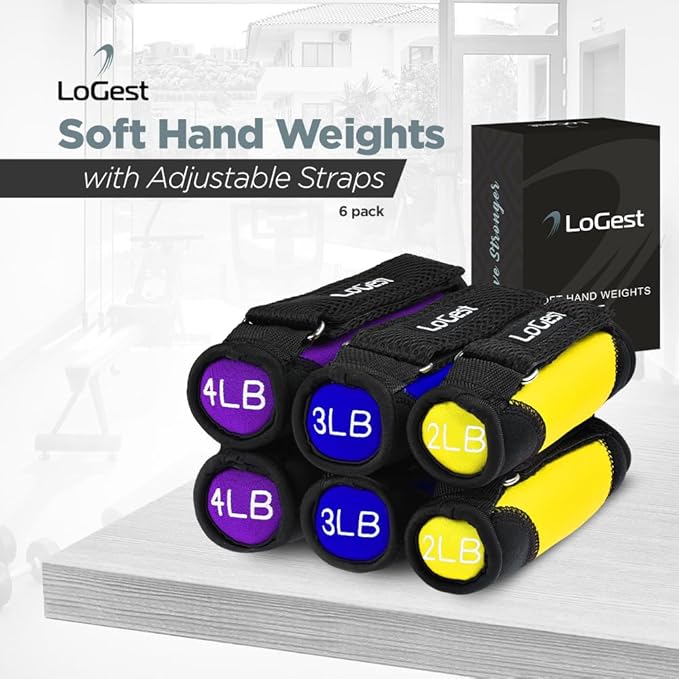 Logest Soft Hand Weights - Adjustable Neoprene Dumbbells (1LB, 2LB, 3LB, 4LB) - Red, Yellow, Blue, Purple - Velcro Straps - Weight Training, Walking, Jogging, Aerobics, Yoga