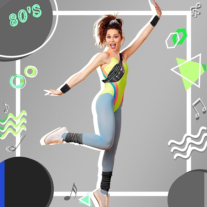 80s Neon Workout Costume Accessories Set 10 PCS Leg Warmers for Women 80s Headband Wristband Fanny Pack for Yoga Running