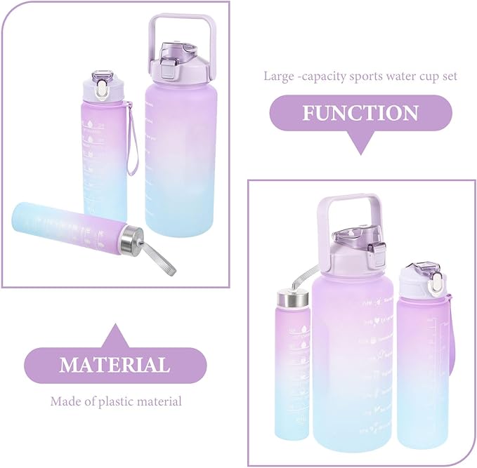 Ciieeo 3pcs Sports Water Bottle Set Large Capacity Frosted Gradient Plastic Workout Bottles (2l, 900ml, 300ml) Portable Fitness Hydration for Outdoor Gym and Hiking