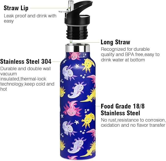 Animal Axolotl Sport Water Bottle with Straw, Vacuum Insulated Stainless Steel Thermal Drinking Travel Mug Cups For Gym Fitness Camping-20oz/600ml
