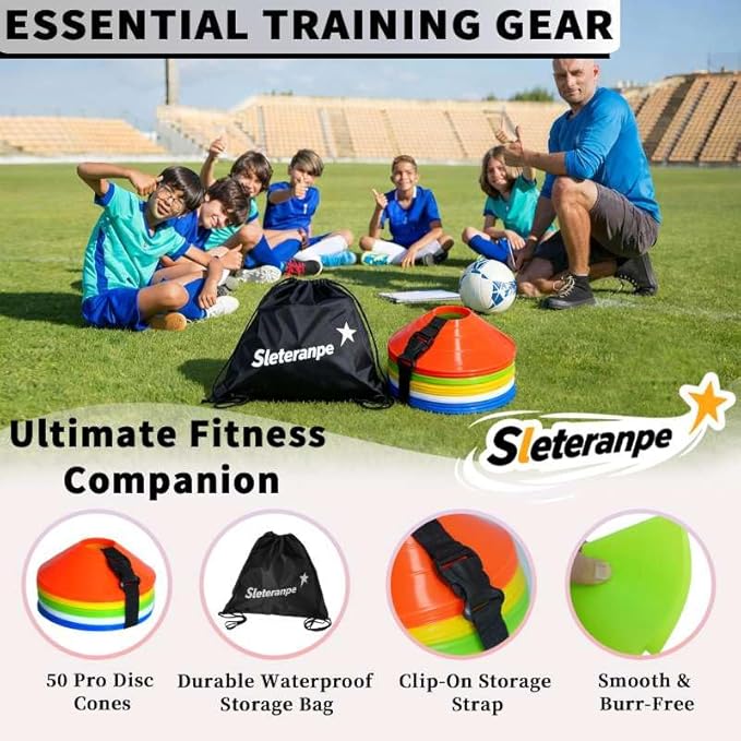 Pro Disc Cones (Set of 50) – Soccer Cones for Training with Drawstring Bag & Strap – Agility Cones for Basketball, Football, and Sports Drills