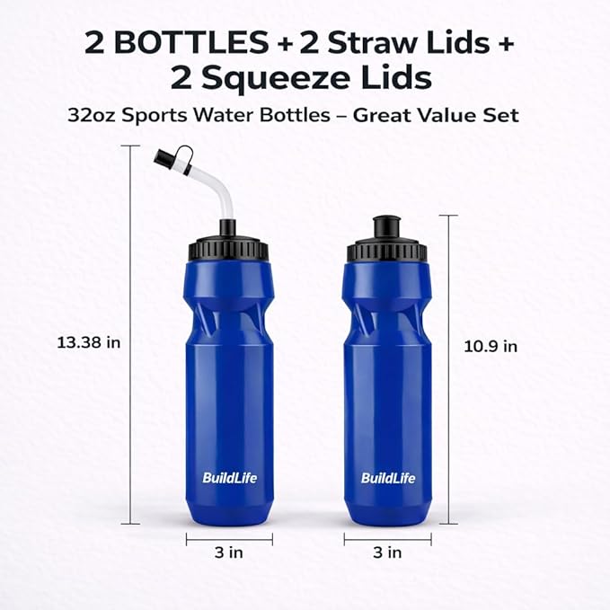Hockey Water Bottle with Long Straw - 32 OZ Squeeze Sports Water Bottles 2 Pack with 2 Lids Each(Straw and Squeeze),Lacrosse Water Bottle for Helmet Hockey,Football,Boxing,BPA Free,Dishwash Safe(Blue)