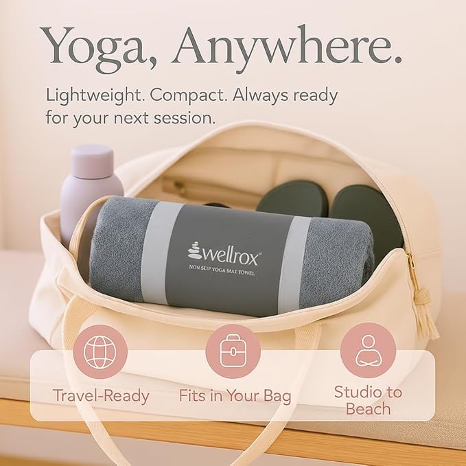 Wellrox Microfiber Yoga Mat Towel with Grip β Ultra Absorbent, Super Soft, and Quick Dry Hot Yoga Towel Non Slip for Pilates, Bikram, and Fitness Workouts (74β x 26β, Grey)