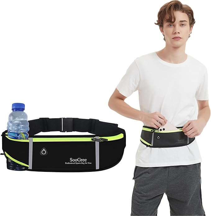 Fanny Packs, Running Belt Pack, Waist Pack Bag for Men and Women, Lightweight Runners Water Bottle Belt Bag, Phone Holder Money Belt for Traveling Hiking Cycling Walking (1186, Black Green)