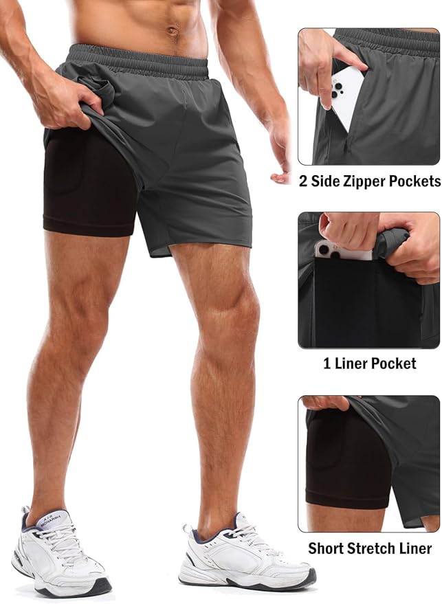 Aolesy Men's 2 in 1 Running Shorts 5" Workout Gym Athletic Shorts for Men Quick Dry Lightweight Training Shorts with Pockets